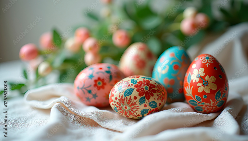 Fototapeta premium Close up photo of beautiful Easter eggs decorated with floral ornaments.Happy Easter greeting card concept 