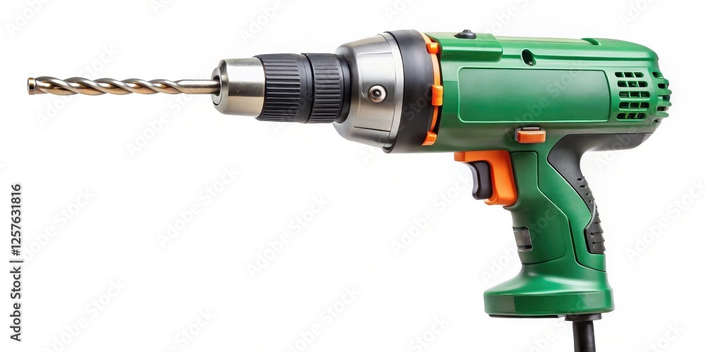 Green Cordless Drill with Drill Bit on White Background Green Cordless Drill with Drill Bit on White Background