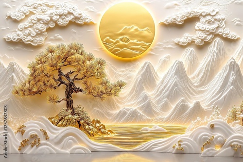 Elegant Gold and White Bas-Relief Wall Mural, Asian Inspired