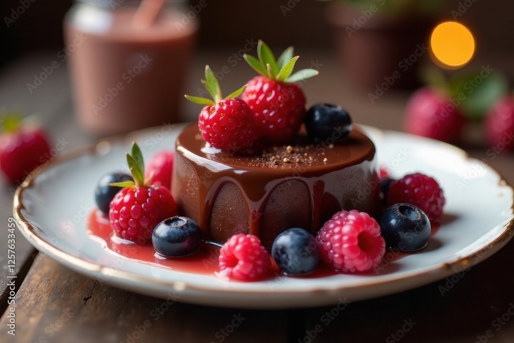 Decadent Chocolate Dessert Topped with Fresh Raspberries and Blueberries, Drizzled with Chocolate Ganache, Served on an Elegant Plate Decadent Chocolate Dessert Topped with Fresh Raspberries and Blueberries, Drizzled with Chocolate Ganache, Served on an Elegant Plate