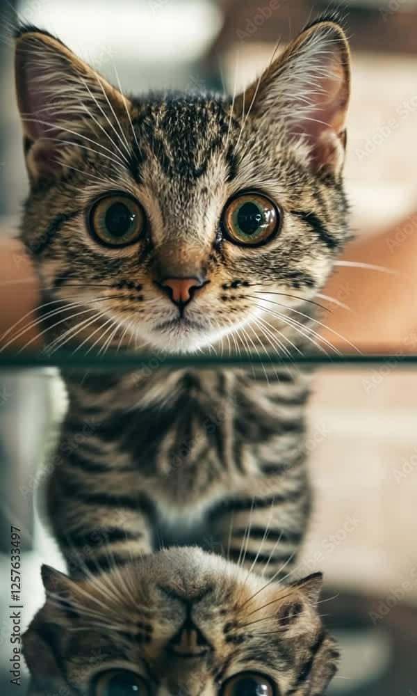Tabby Kitten's Curious Gaze Reflected in a Polished Surface Tabby Kitten's Curious Gaze Reflected in a Polished Surface
