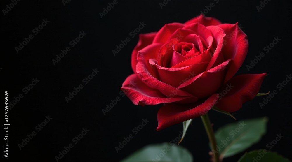 A single, dark red rose, elegantly posed against a stark black background, showcases the exquisite detail and velvety texture of its petals. A single, dark red rose, elegantly posed against a stark black background, showcases the exquisite detail and velvety texture of its petals.