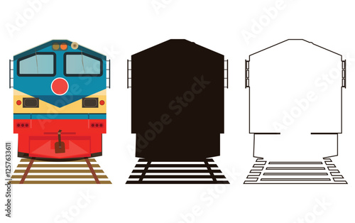 Train Locomotive Front View in line art, silhouette and colorful