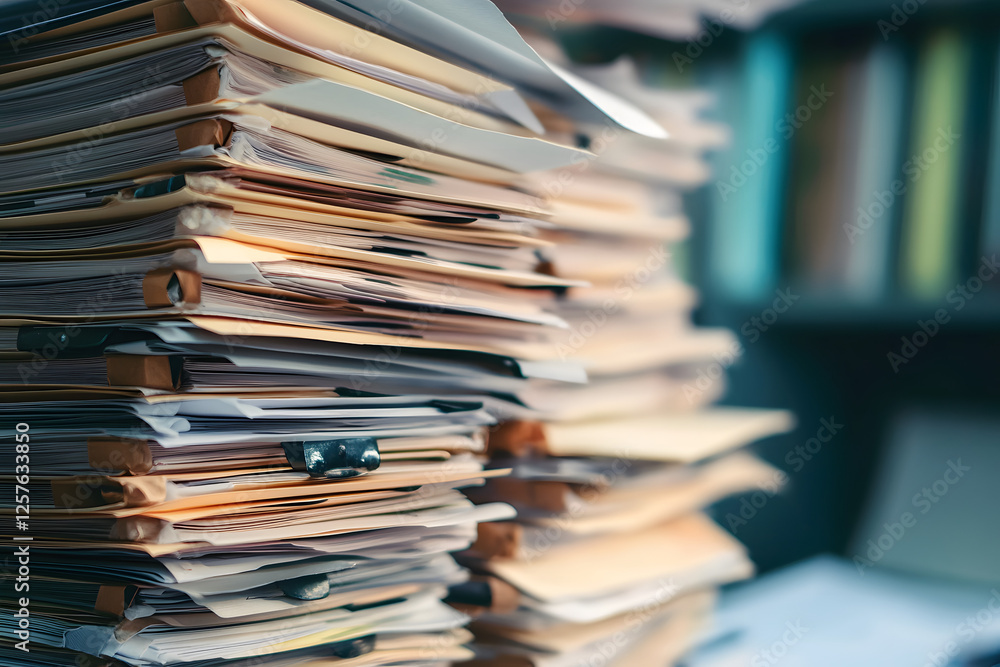 Obraz premium Stacked Paper Files in a Busy Office Environment with a Blurry Background
