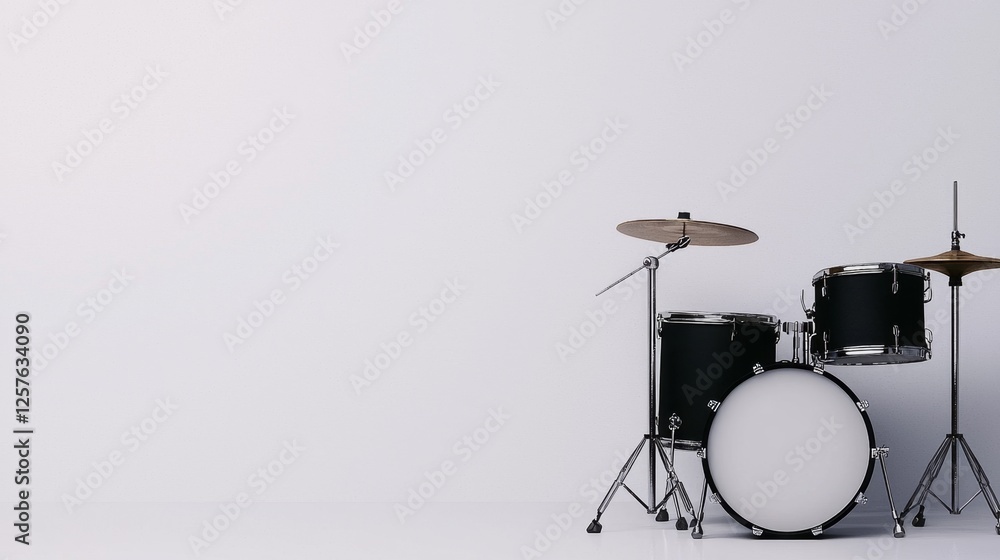 A drum set on a white background with a white wall A drum set on a white background with a white wall