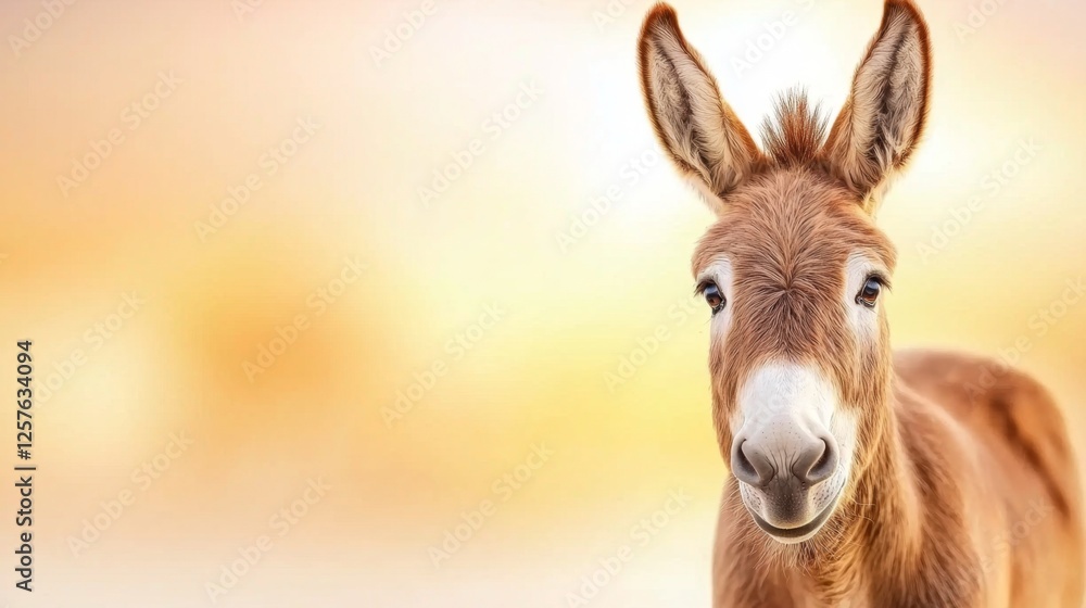 A brown donkey standing in a field with a yellow background A brown donkey standing in a field with a yellow background