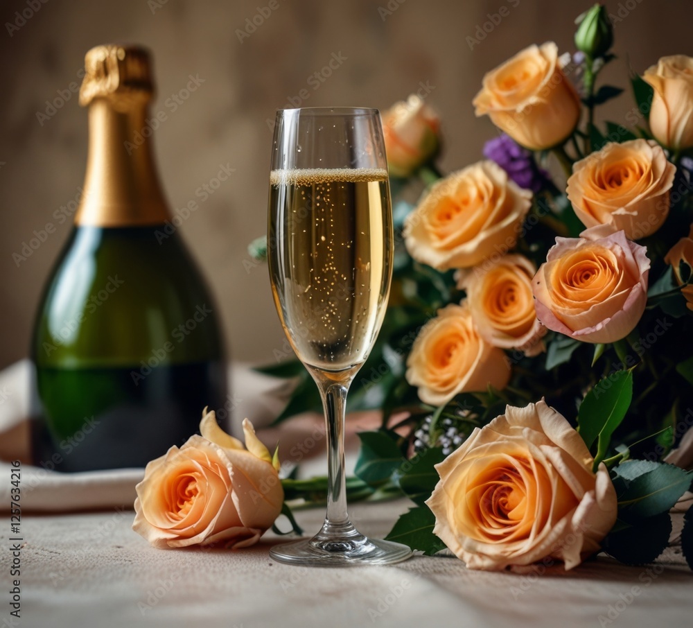 a glass of champagne on the background of a beautiful bouquet of flowers a glass of champagne on the background of a beautiful bouquet of flowers