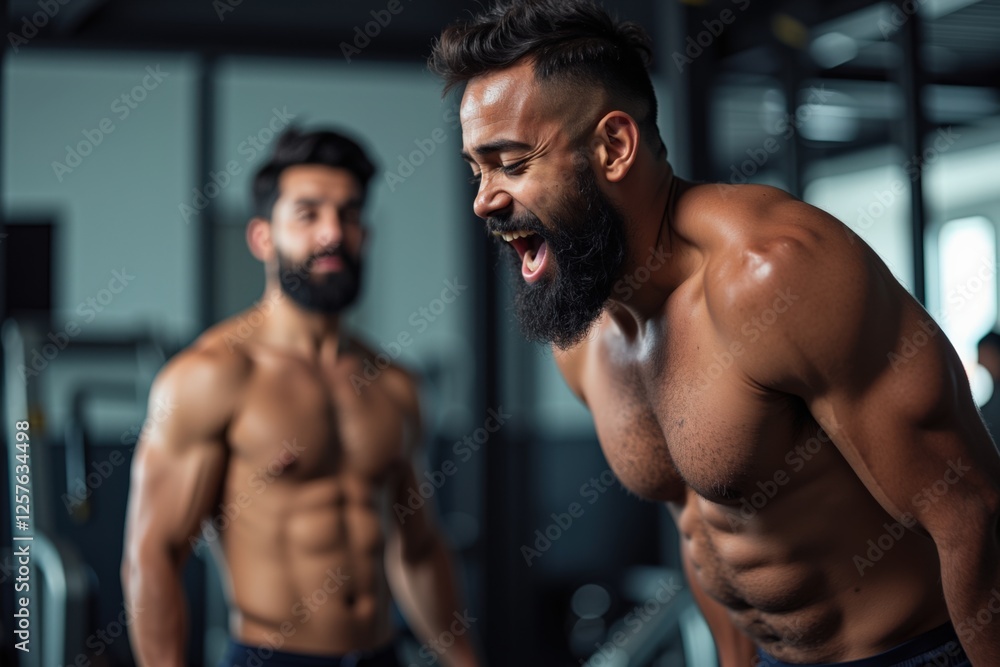 Fototapeta premium Two Fit Men Engaged in a High-Intensity Workout Session in a Modern Gym Environment, Showcasing Strength, Dedication, and Masculine Energy