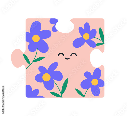 Puzzle piece design with happy face. Cute jigsaw character with smiling enjoy...