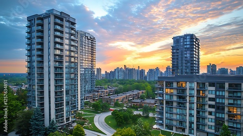 Sunset over city skyline, condos, and green space