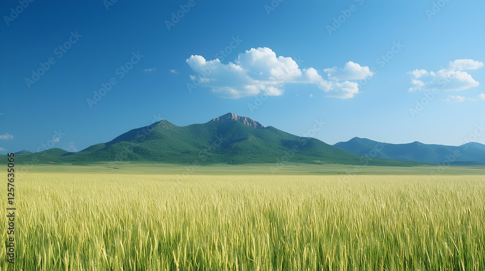 Fototapeta premium Serene mountain view over golden wheat field, sunny day
