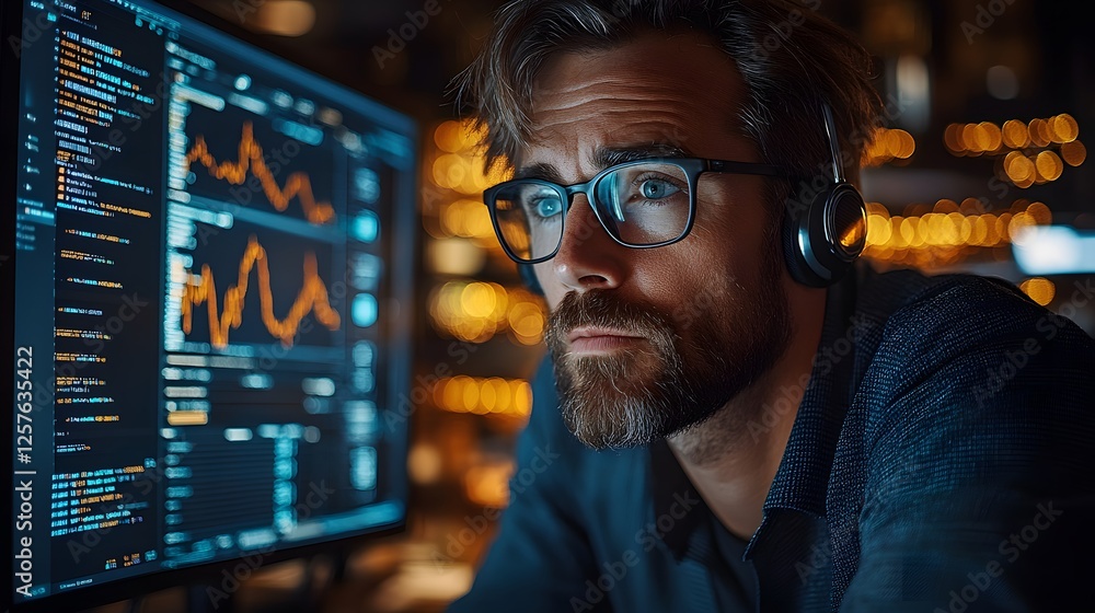 Focused Stock Trader Analyzing Data in a Modern Office Environment Focused Stock Trader Analyzing Data in a Modern Office Environment