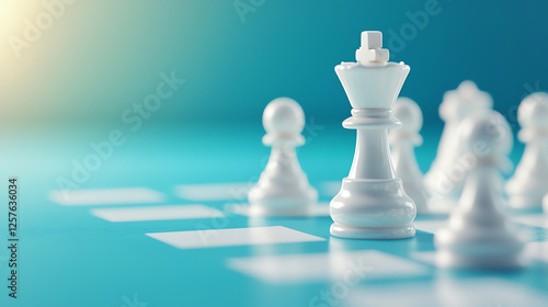 White king chess piece surrounded by pawns on blue background