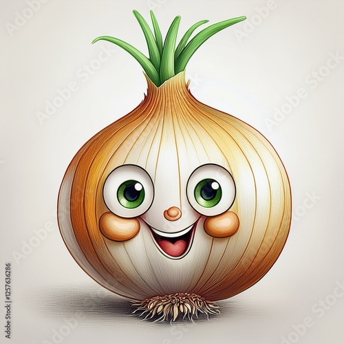 Illustration of a smiling onion with green eyes, rosy cheeks, and green leaves in a child's style