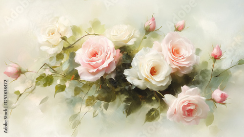 Romantic bouquet of pink and white roses in soft lighting