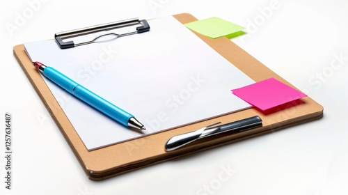 Wallpaper Mural A functional office stationery set including a clipboard, sticky notes, and a multi-color pen, isolated on white. The neatly arranged items emphasize efficiency. Torontodigital.ca