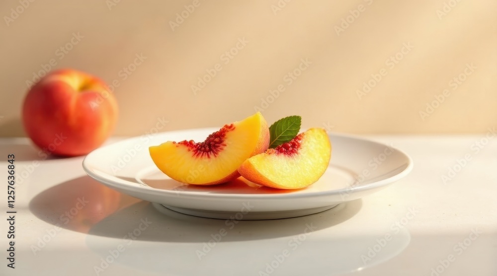 Sunlit Peach Slices on a Pristine White Plate, a Simple Summer Still Life Featuring Juicy Fruit Sunlit Peach Slices on a Pristine White Plate, a Simple Summer Still Life Featuring Juicy Fruit