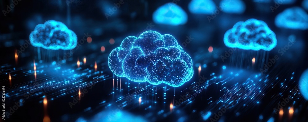 A digital representation of glowing blue clouds, symbolizing cloud computing and data storage in a futuristic environment. A digital representation of glowing blue clouds, symbolizing cloud computing and data storage in a futuristic environment.