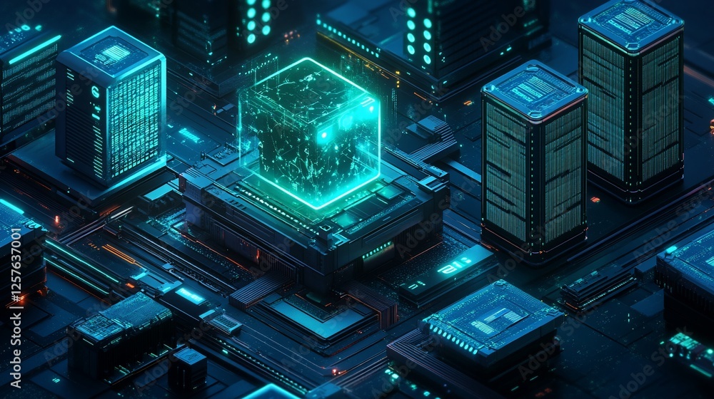Fototapeta premium Glowing Cube Data Center Network Server Cityscape