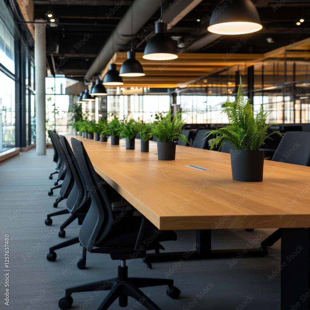 modern Conference Room with Wooden Table and Plants modern Conference Room with Wooden Table and Plants
