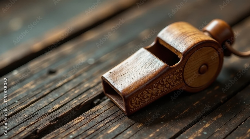 Intricately Carved Wooden Whistle Resting on a Weathered Wooden Surface Intricately Carved Wooden Whistle Resting on a Weathered Wooden Surface