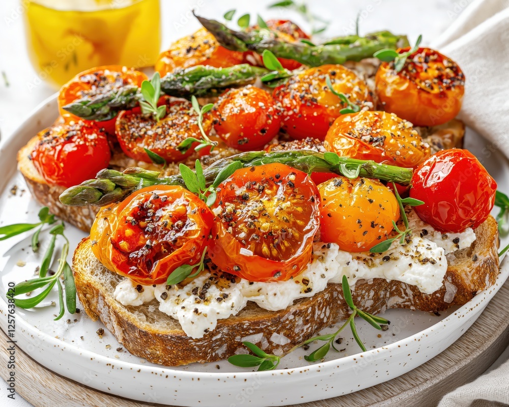 Generative AI, Charred Tomato & Asparagus Tartine with Whipped Goat Cheese Generative AI, Charred Tomato & Asparagus Tartine with Whipped Goat Cheese