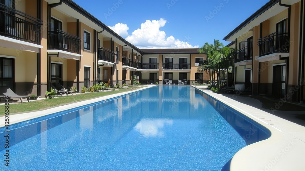 Fototapeta premium Tropical resort pool, apartments, sunny day