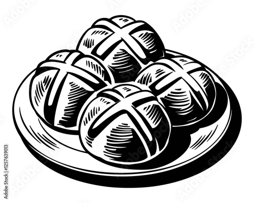 Hot cross buns on a plate, black and white engraving illustration. Traditionally eaten on Good Friday during the Easter season