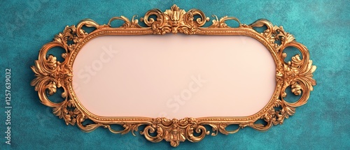 An ornate golden mirror frame with an empty central space, set against a vibrant turquoise background.