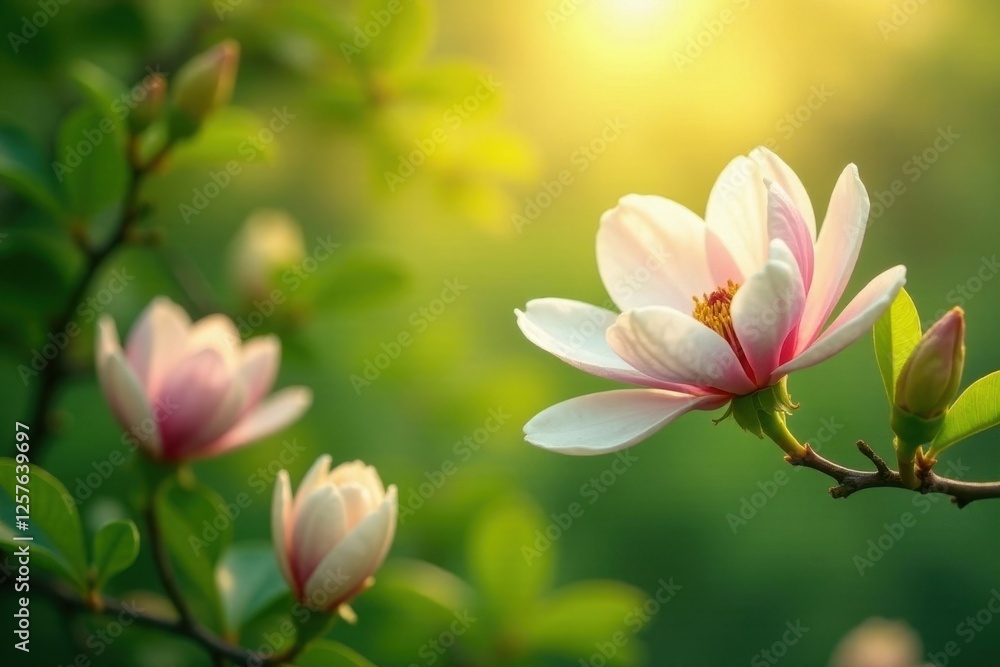 Obraz premium Serene Magnolia Blossoms Bathed in Golden Sunlight, a Gentle Spring Breeze Rustling Through Lush Green Foliage