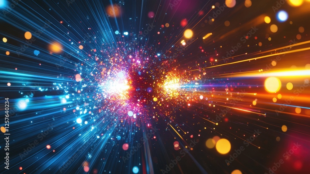 Obraz premium particles colliding, with colorful energy bursts and glowing fragments scattering outward