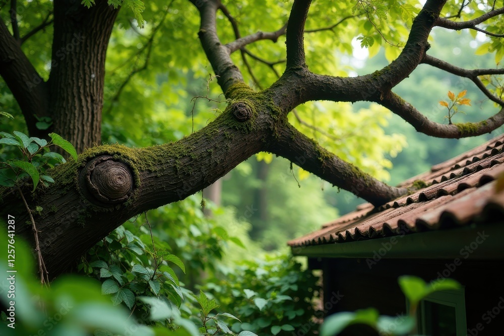 A moss-covered tree branch gracefully arches over a rustic dwelling's terracotta roof, creating a serene and idyllic natural scene. A moss-covered tree branch gracefully arches over a rustic dwelling's terracotta roof, creating a serene and idyllic natural scene.