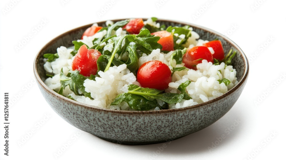 Rice bowl with fresh arugula and cherry tomatoes for a light lunch Rice bowl with fresh arugula and cherry tomatoes for a light lunch