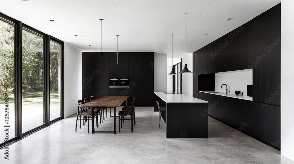 Fototapeta premium Modern kitchen design, dining area, garden view, minimalist style, home interior