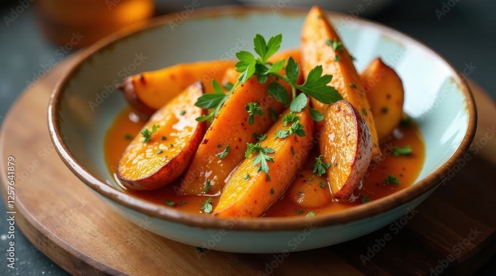 Sweet Potato Wedges in a Savory Glaze, Garnished with Fresh Herbs, Served in a Rustic Bowl