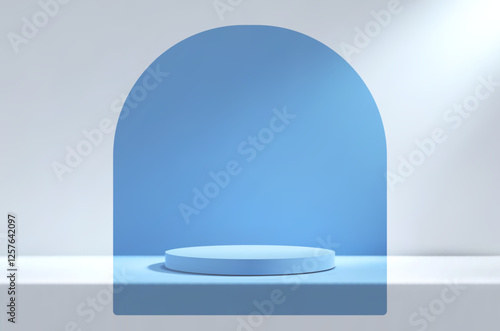 3d blue podium in white empty room with table. Background studio scene with platform for product presentation