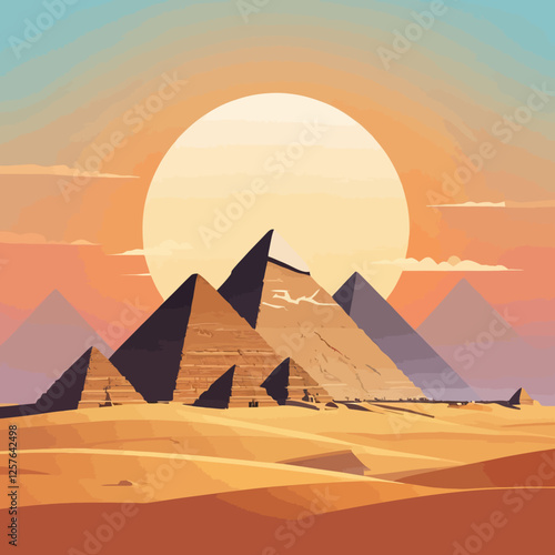 A stunning view of the pyramids under a sunset sky, casting a warm glow over the desert, offering a picturesque representation of Egypt’s ancient wonders.