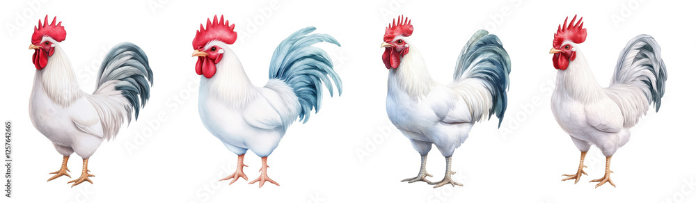 Fototapeta premium Four White Roosters with Red Combs and Blue Gray Tails Standing in a Row, Isolated on White Background Cutout