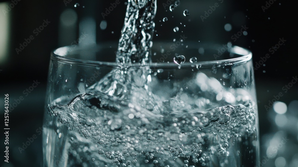 A close-up shot of fresh mineral water being poured into A close-up shot of fresh mineral water being poured into