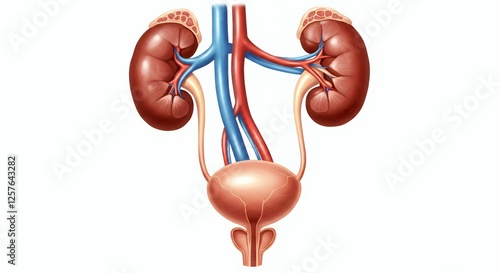 Illustration shows human urinary system with kidneys ureters bladder