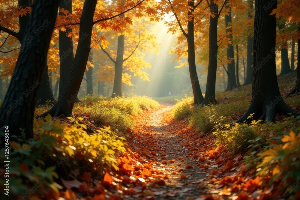 Golden Sunlight Illuminates a Path Through Autumnal Woods, Leaves Carpeting the Ground and Trees Dressed in Vibrant Hues Golden Sunlight Illuminates a Path Through Autumnal Woods, Leaves Carpeting the Ground and Trees Dressed in Vibrant Hues