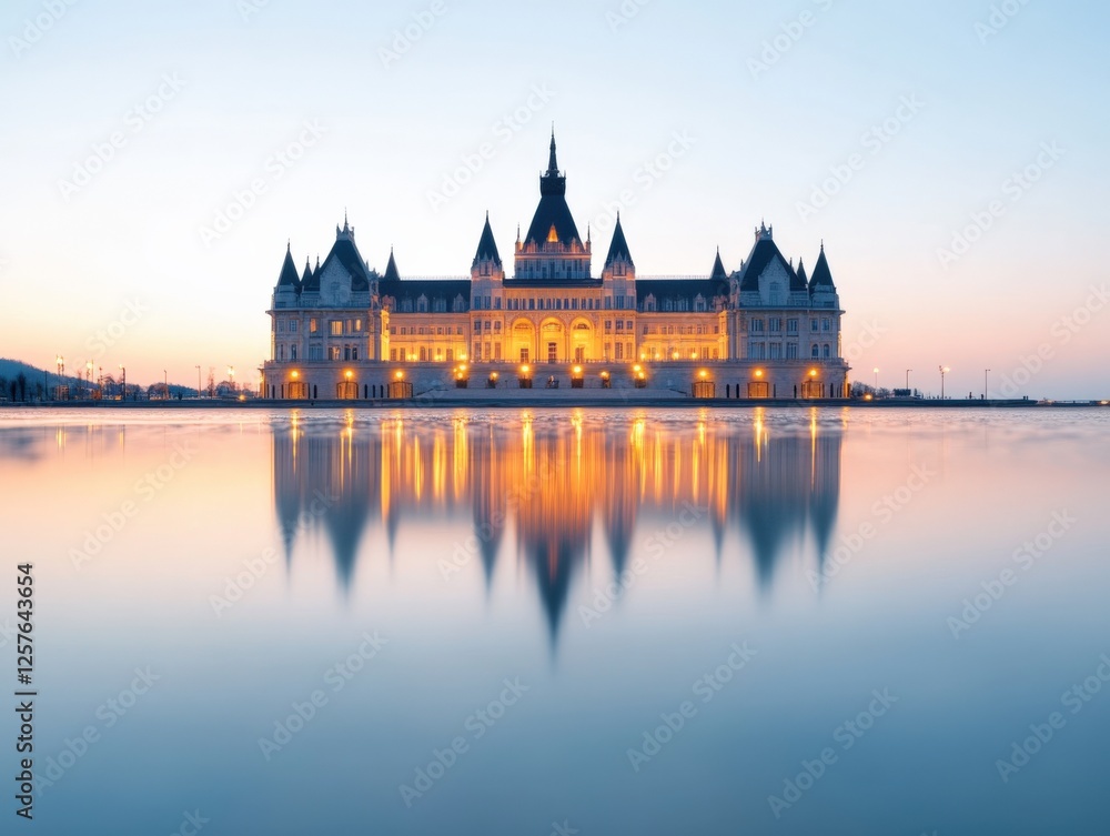 illuminated architectural building reflecting in water