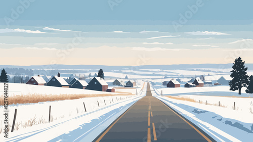 A serene vector illustration of Fargo, North Dakota in winter, featuring a snow-dusted landscape, a quiet rural road, and a peaceful countryside horizon.