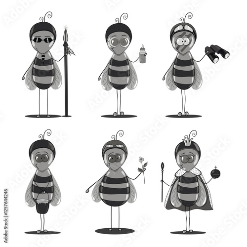 Classification of bees collected in one large set. Monochrome illustration in gray color. Vector set of bees. Bees of the guard, the intelligence agent, working bees, bees of the nurse, a bee males