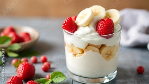 A beautifully layered banana yogurt parfait served in a glass cup, featuring creamy yogurt, fresh banana slices, and crunchy granola
