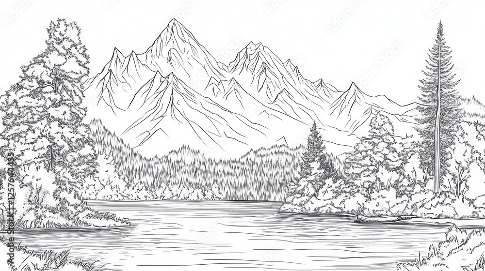 Majestic Mountains Lake Forest Sketch Peaceful nature scene, ideal for travel brochures Majestic Mountains Lake Forest Sketch Peaceful nature scene, ideal for travel brochures
