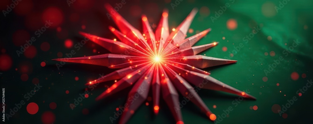Fototapeta premium Geometric starburst, deep red and emerald green hues, festive background, texture, holiday