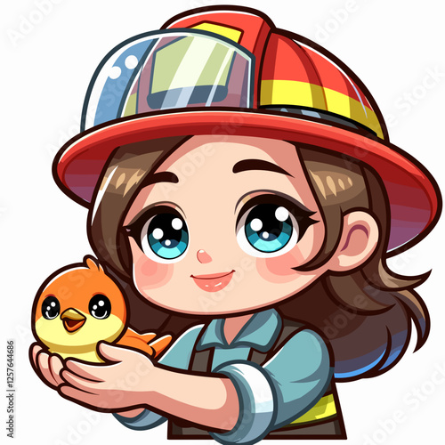 Cute female firefighter rescuing a bird