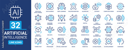 Artificial intelligence icon set. Containing AI, deep learning, robotics, machine learning, data Science, automation, big data and more. Line outline icons collection.