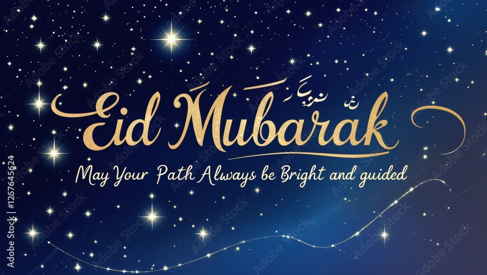 A majestic dark blue night sky filled with twinkling stars, with golden Arabic calligraphy reading, * A majestic dark blue night sky filled with twinkling stars, with golden Arabic calligraphy reading, *